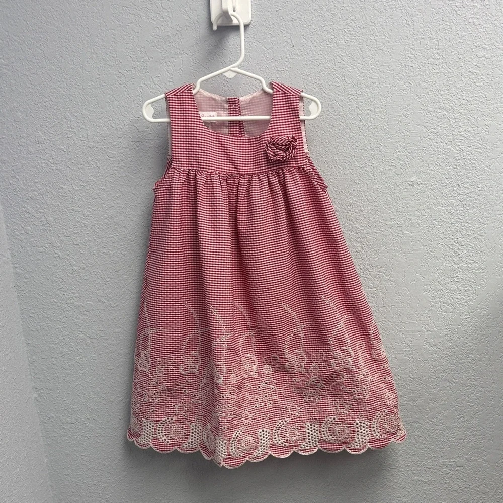 Bonnie Jean Girl’s 6yo Red Gingham Dress with Floral Embroidery, EUC